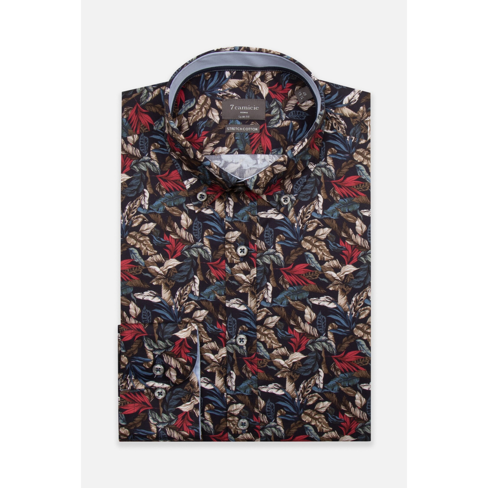 camicia uomo 1 bottone button down slim Popeline Stretch Stampato Blu\Rosso