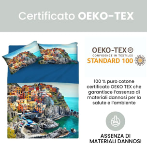 INTRECCI Completo Lenzuola Singolo in Cotone, Stampa Alta Qualità, Lenzuolo Sotto + Lenzuolo Sopra + 1 Federa, Comfort, Morbidezza, per Pelli Sensibili, non Stringe in Lavatrice.Fantasia: Cinque Terre