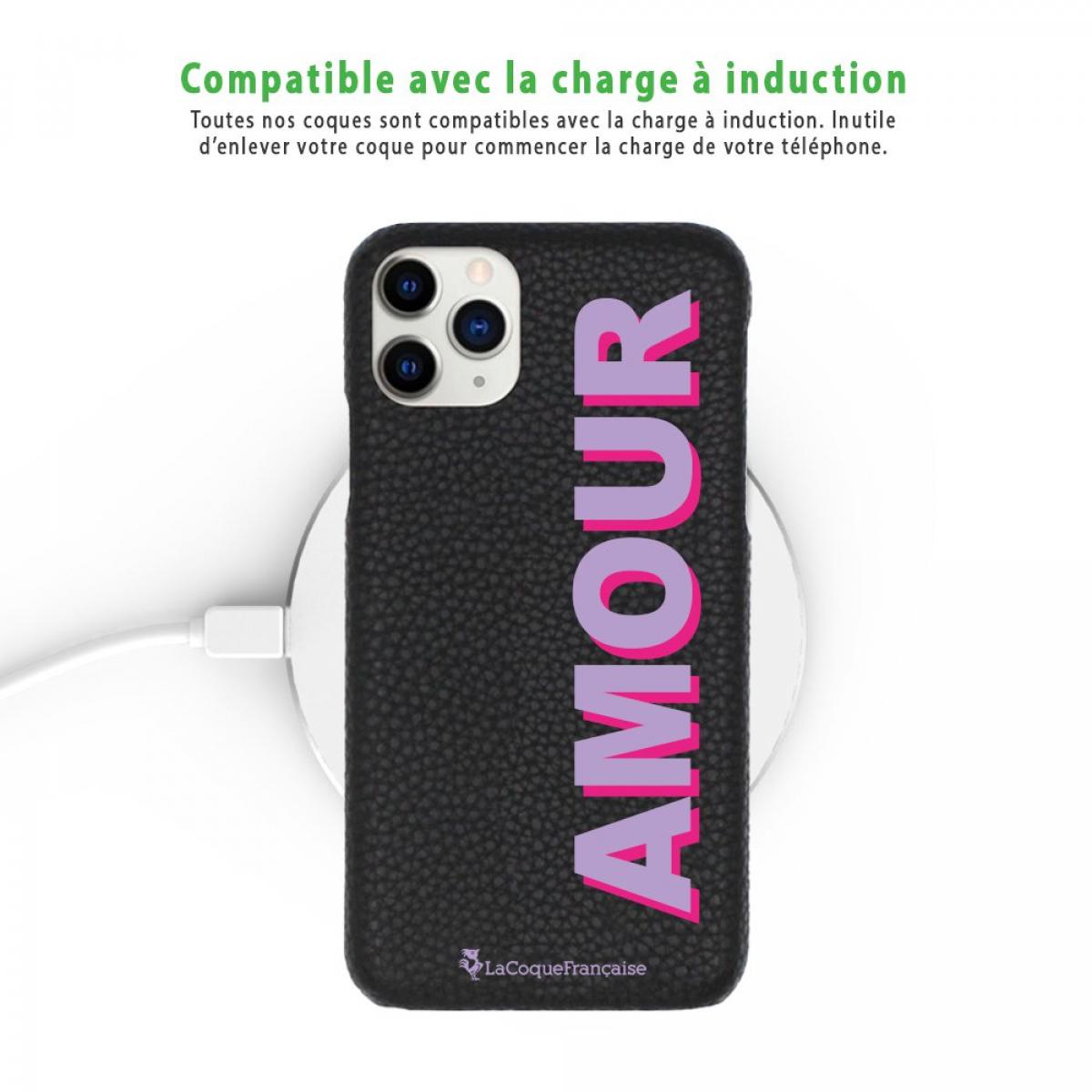 Coque iPhone 11 Pro effet cuir grainé noir Amour parme et fushia Design La Coque Francaise