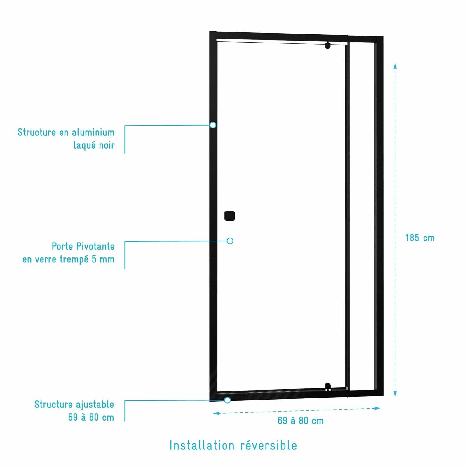 Porte de douche Pivotante Noir 70-80x185cm - Extensible de 69 à 80 cm - BLACK SLIDE 70 80