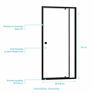 Porte de douche Pivotante Noir 70-80x185cm - Extensible de 69 à 80 cm - BLACK SLIDE 70 80