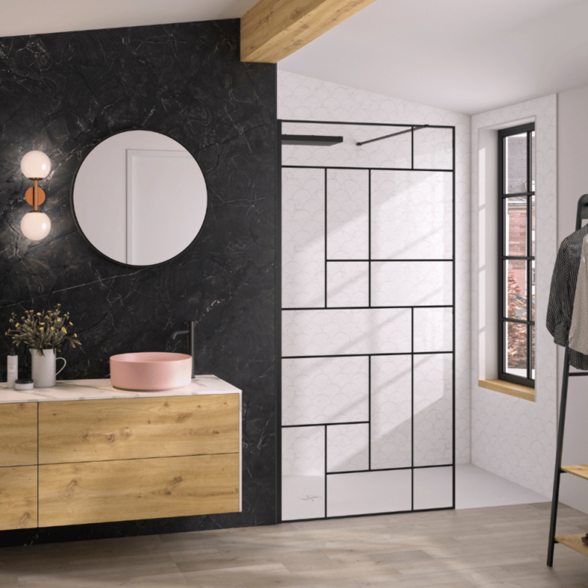 Paroi de douche KINEDO Solo Design + sérigraphié mondrian 100cm profilé Noir mat
