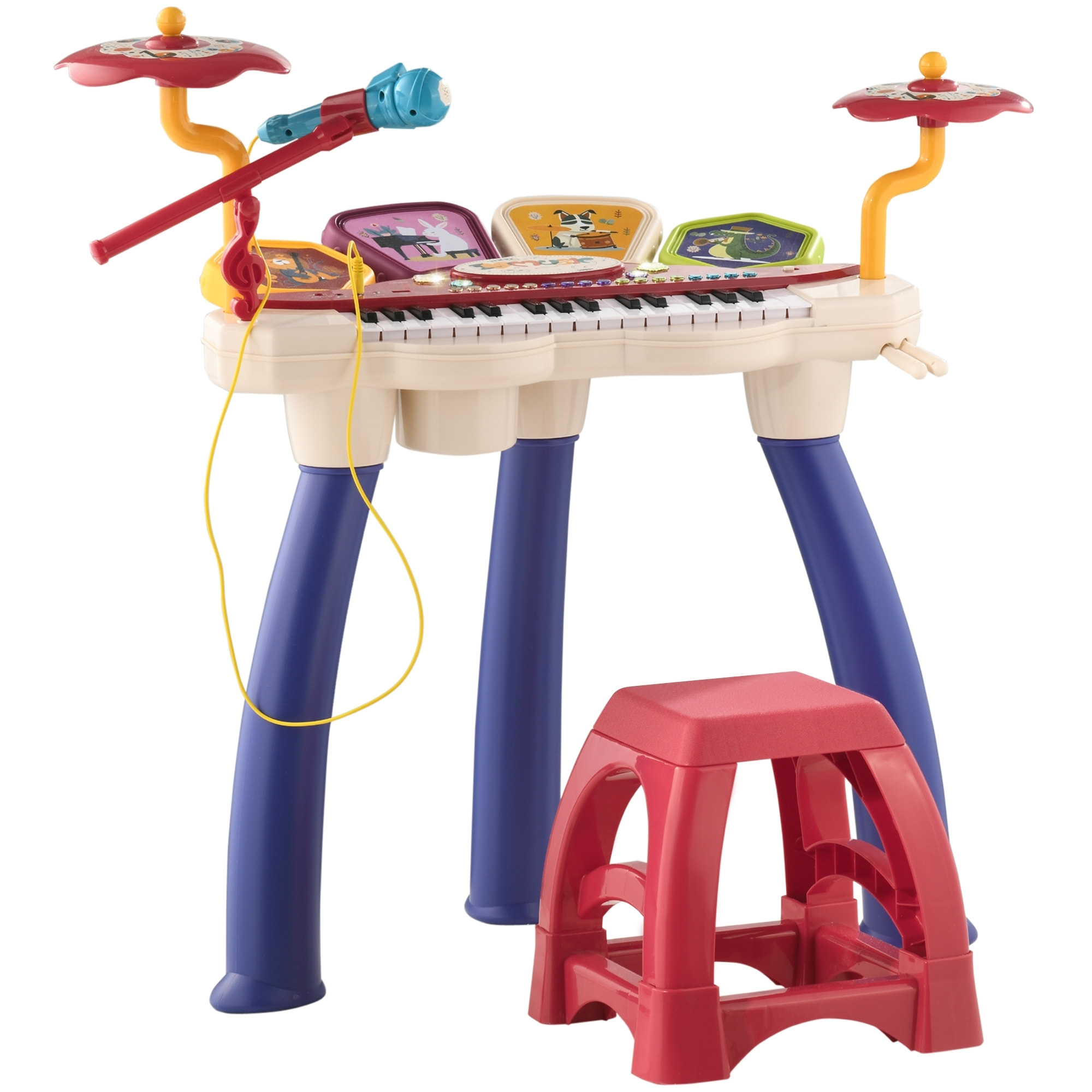 Jouet musical piano électronique batterie 2 en 1 - tabouret, micro et support - clavier 32 touches, effet lumineux, nombreux modes - PP multicolore