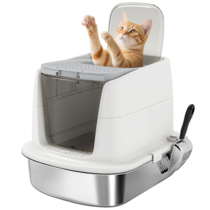 Arenero para Gatos de Acero Inoxidable L, Caja de Arena para Gatos con Tapa Abatible, Pala Metálica, Bolsa Desodorizante, Fácil de Limpiar, Antifugas, Blanco