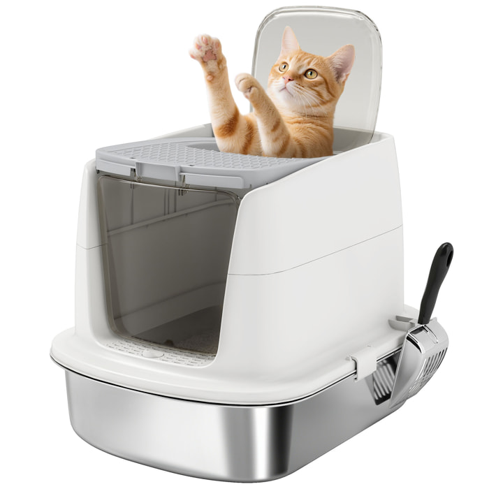 Arenero para Gatos de Acero Inoxidable L, Caja de Arena para Gatos con Tapa Abatible, Pala Metálica, Bolsa Desodorizante, Fácil de Limpiar, Antifugas, Blanco