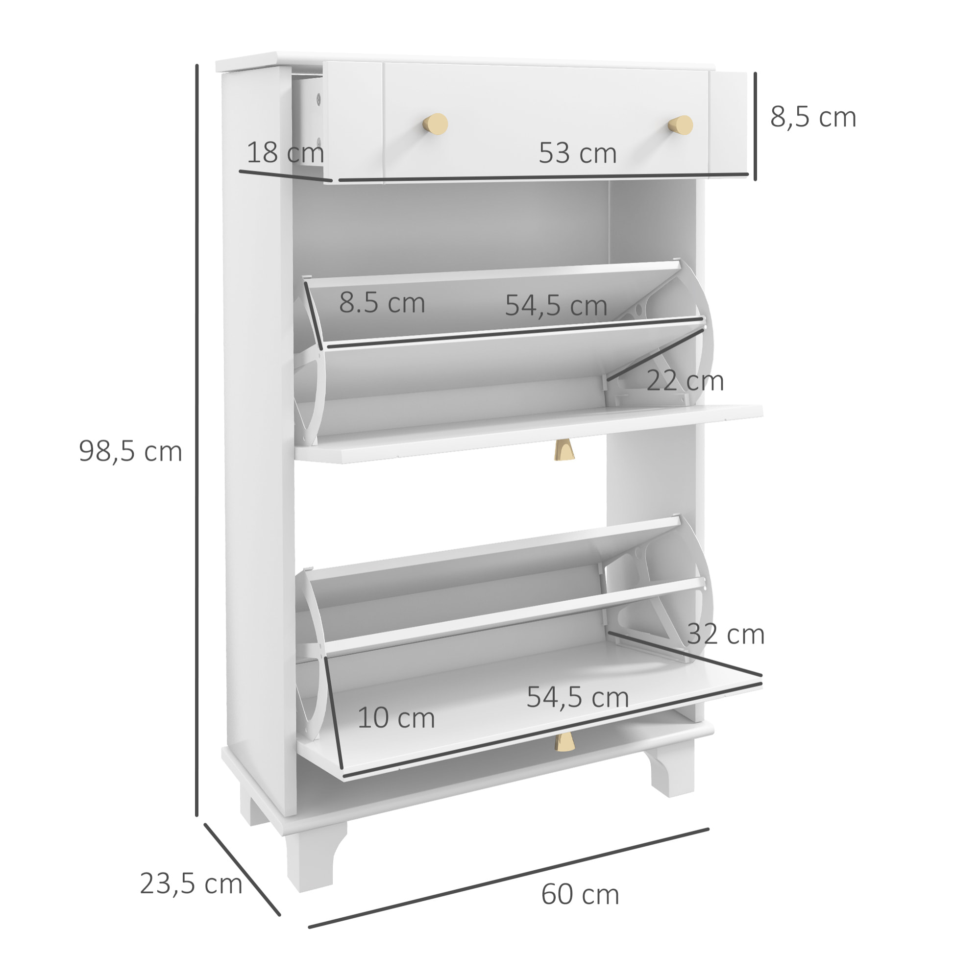 Meuble à chaussures design - tiroir, 2 portes abattantes - dim. 60 x 23,5 x 98 cm - poignées métal doré blanc