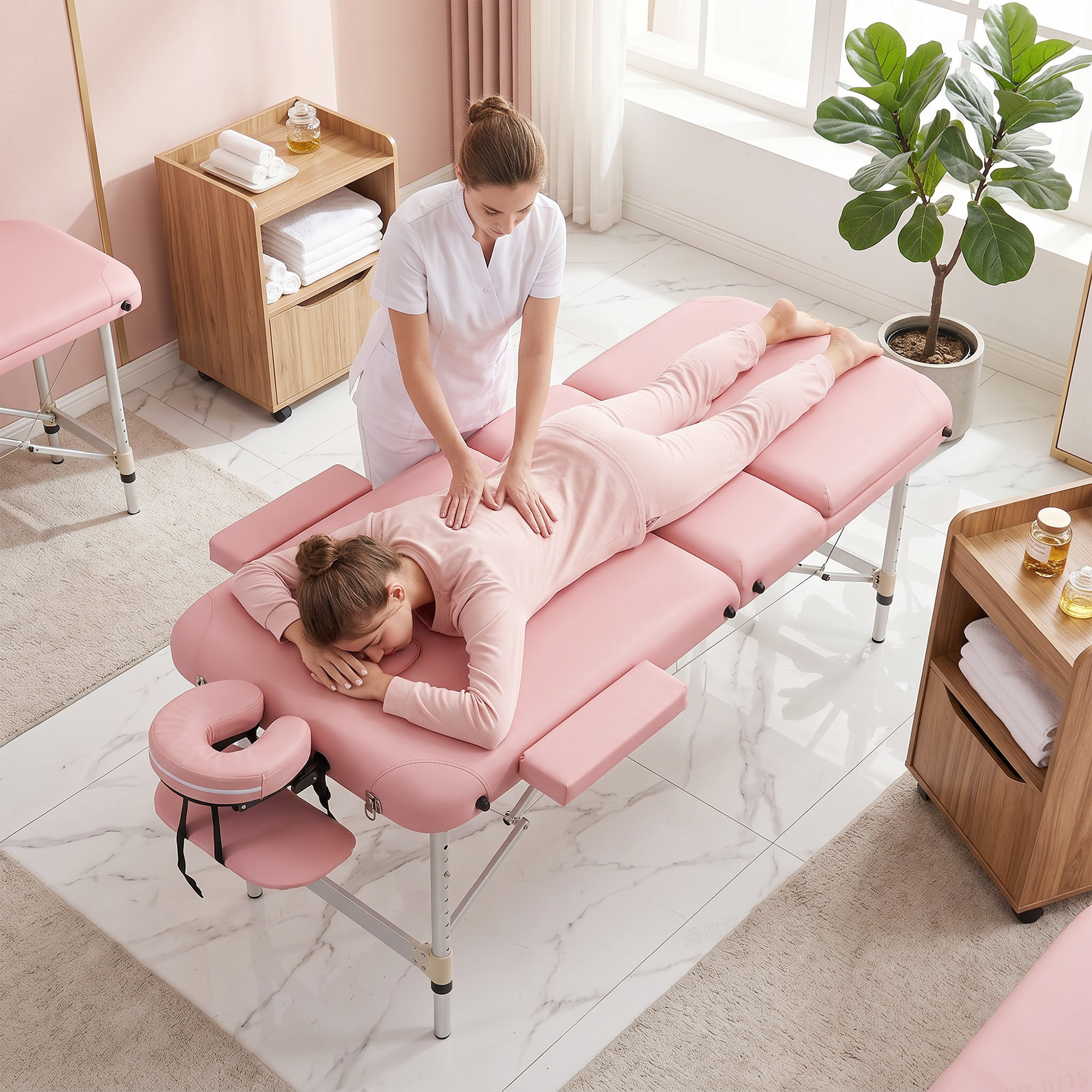 Camilla Masaje Plegable Portátil Camilla Estética Profesional de Aluminio de 3 Zonas con Respaldo Altura Ajustable 9 Niveles Reposacabezas Extraíble Reposabrazos Bolsa para Spa 215x81 cm Rosa