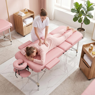 Camilla Masaje Plegable Portátil Camilla Estética Profesional de Aluminio de 3 Zonas con Respaldo Altura Ajustable 9 Niveles Reposacabezas Extraíble Reposabrazos Bolsa para Spa 215x81 cm Rosa