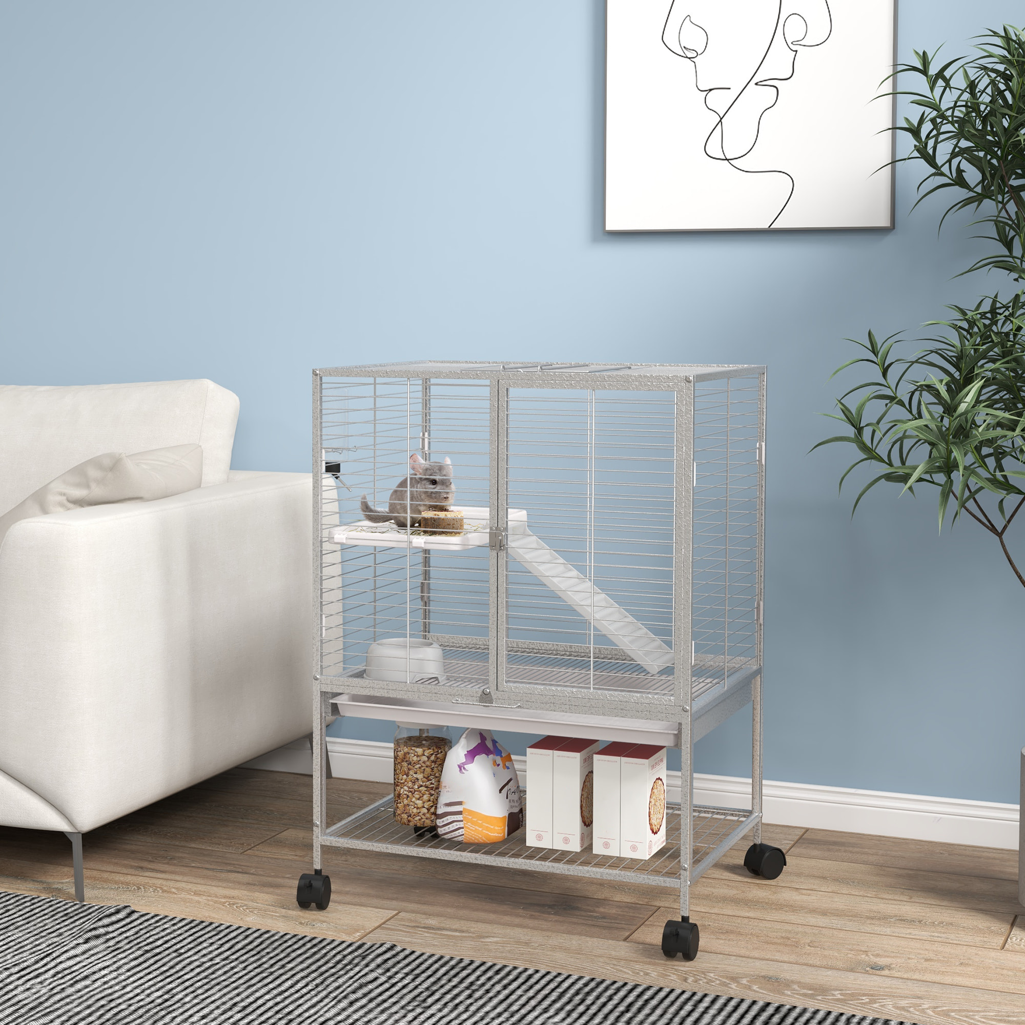 Cage pour rongeurs furet chinchilla plateforme rampe 2 portes biberon gamelle plateau étagère acier gris clair