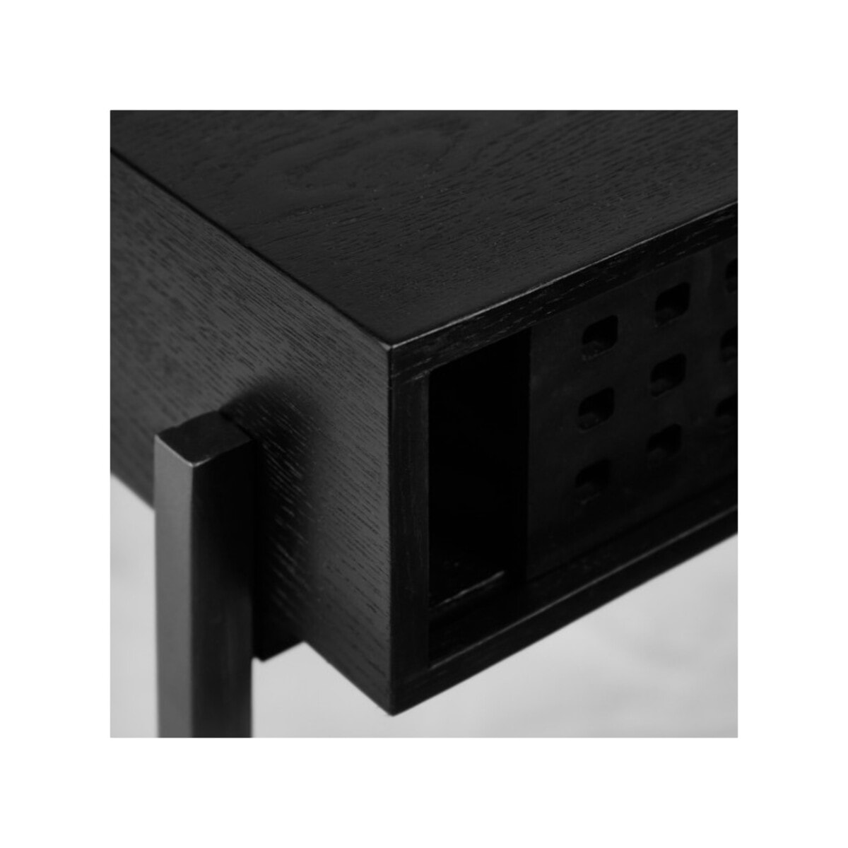 Console industrielle bois et métal noir avec porte coulissante ajourée 110 cm - MALIA