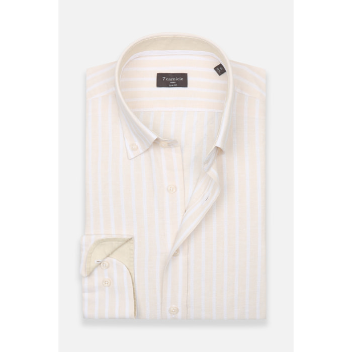 camicia uomo 1 bottone button down slim Lino Cotone Riga Larga Beige e Bianco