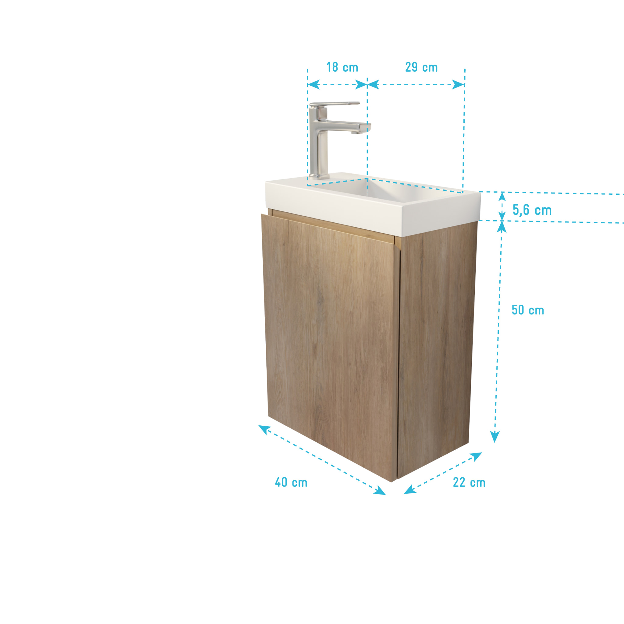 Meuble Lave Mains Décor Bois 40x50x22 cm avec Vasque en SMC Blanche - ELEMENTARY