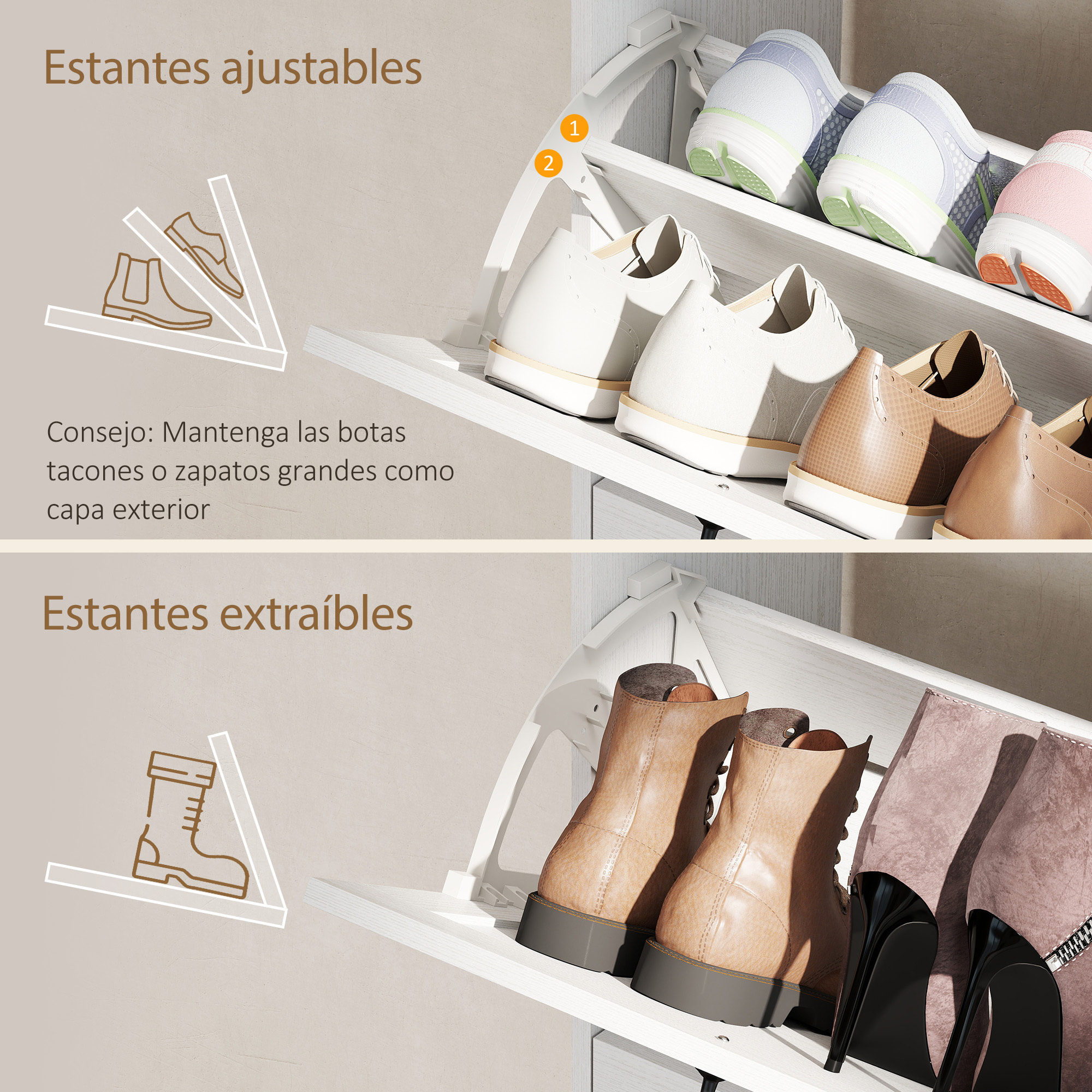 Zapatero Estrecho con 2 Cajones Abatibles, Zapatero Entrada Recibidor Rústico con Cajón y Estantes Ajustables, para 12 Pares de Zapatos, para Pasillo, Espacio Reducido, 106,7x26x116 cm, Blanco