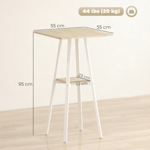 Mesa Alta Cocina Cuadrada con Estante, Mesa Alta Bar para 2 Personas, Patas de Metal, para Salón Comedor, 55x55x95 cm, Madera Natural y Blanco