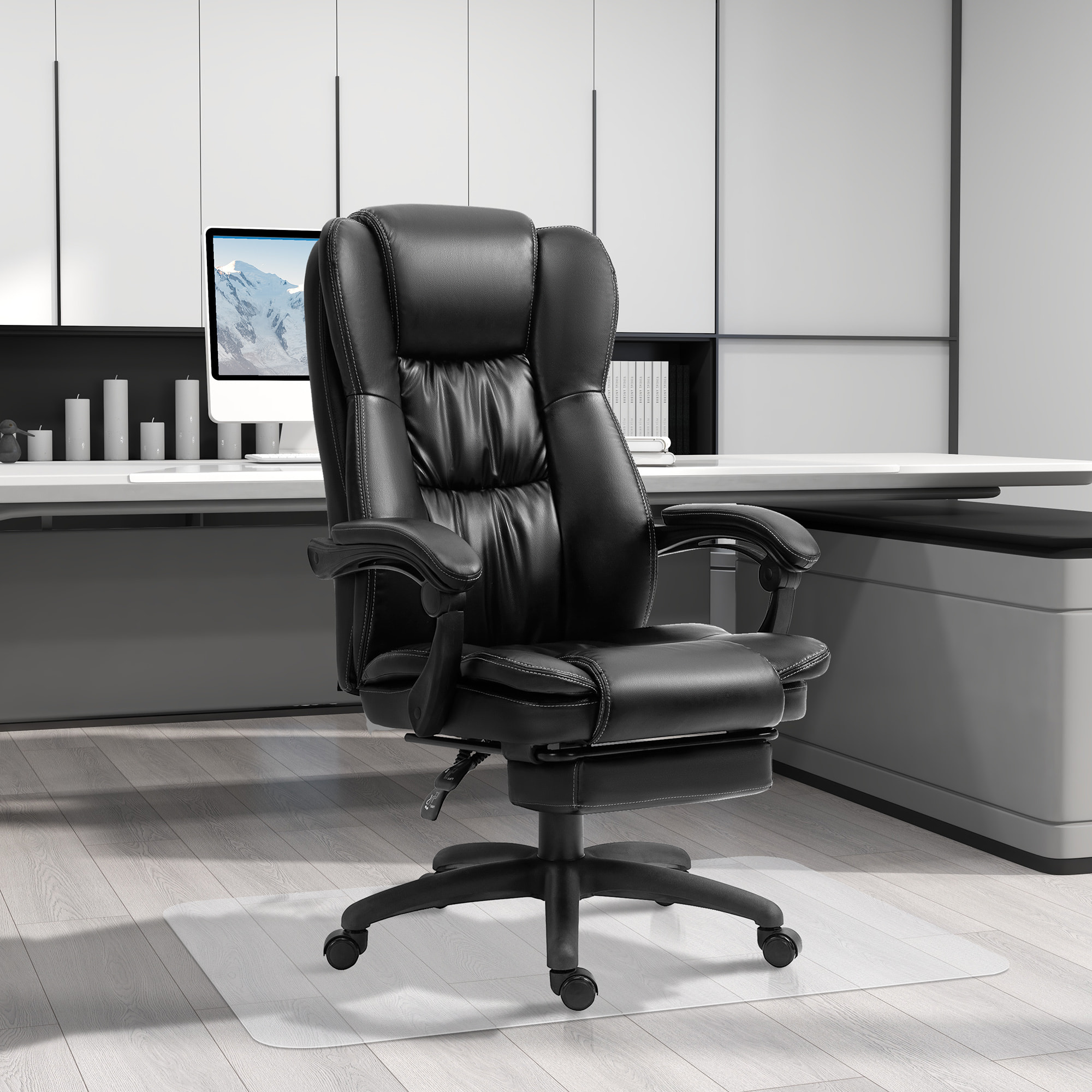 Conjunto de Oficina Incluye 1 Silla de Masaje Reclinable con 6 Puntos de Masaje 68,5x68,5x113-121 cm y 1 Alfombra Protectora de Suelo 90x120 cm Negro y Transparente