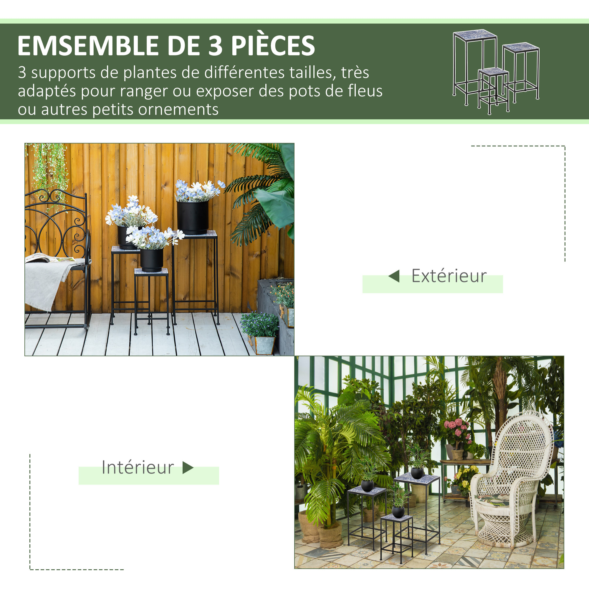 Support pots de fleurs 3 pièces - lot de 3 étagères à fleurs - portes plantes empilables - métal époxy plateaux carreaux céramique bleu