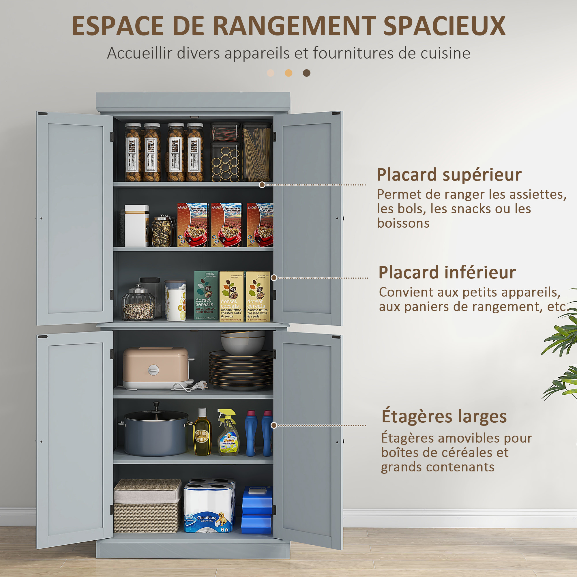 Buffet haut - armoire de cuisine - dim. 76 x 40,5 x 184 cm - 2 portes, 4 étagères - gris