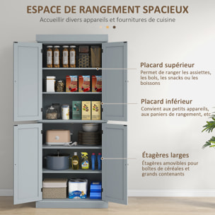 Buffet haut - armoire de cuisine - dim. 76 x 40,5 x 184 cm - 2 portes, 4 étagères - gris