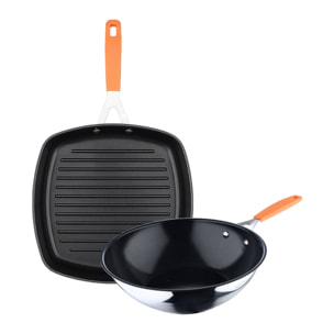 Juego de Sartén Asador 28x28cm + Wok Ø28cm en aluminio forjado para inducción COMPACT San Ignacio