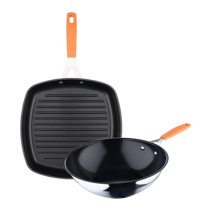 Juego de Sartén Asador 28x28cm + Wok Ø28cm en aluminio forjado para inducción COMPACT San Ignacio