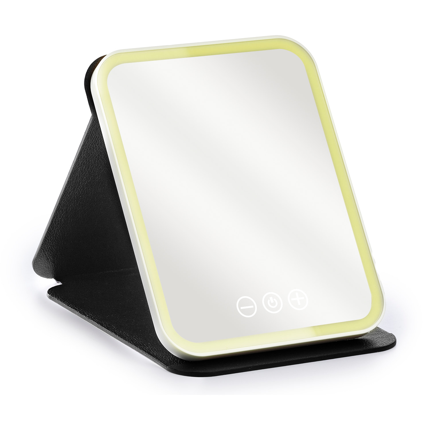 Espejo de maquillaje plegable, con luz led fría, normal y cálida. 5 niveles de intensidad.