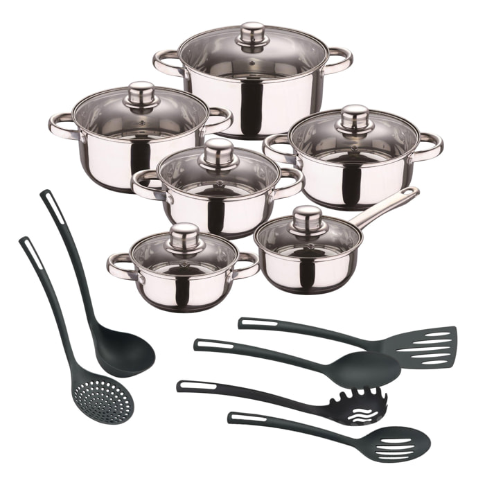 juego de batería de cocina de 12pc en acero inoxidable + 6 utensilios básicos de cocina en pbt negro