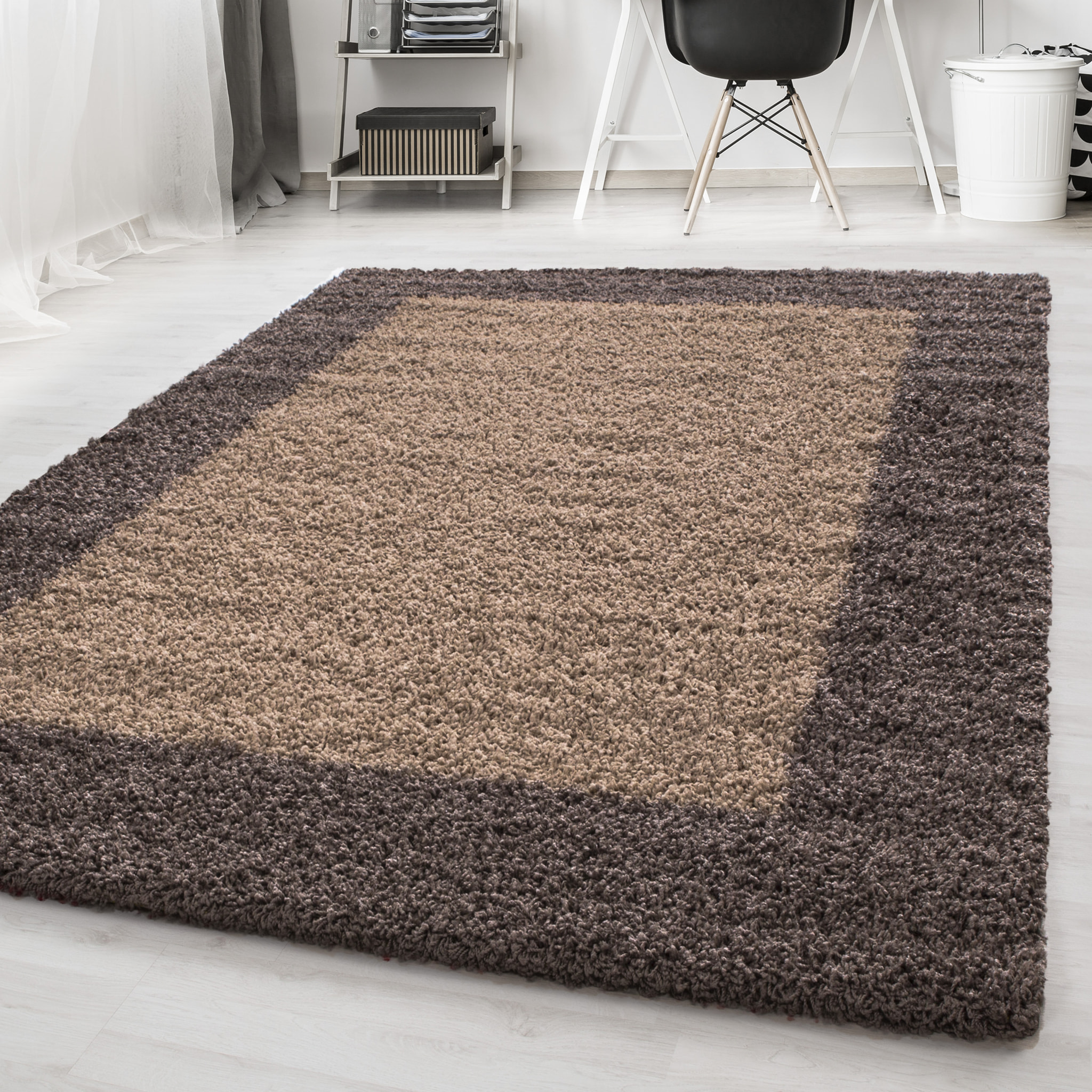 OTTA - Tapis shaggy à poils longs motif cadre Taupe