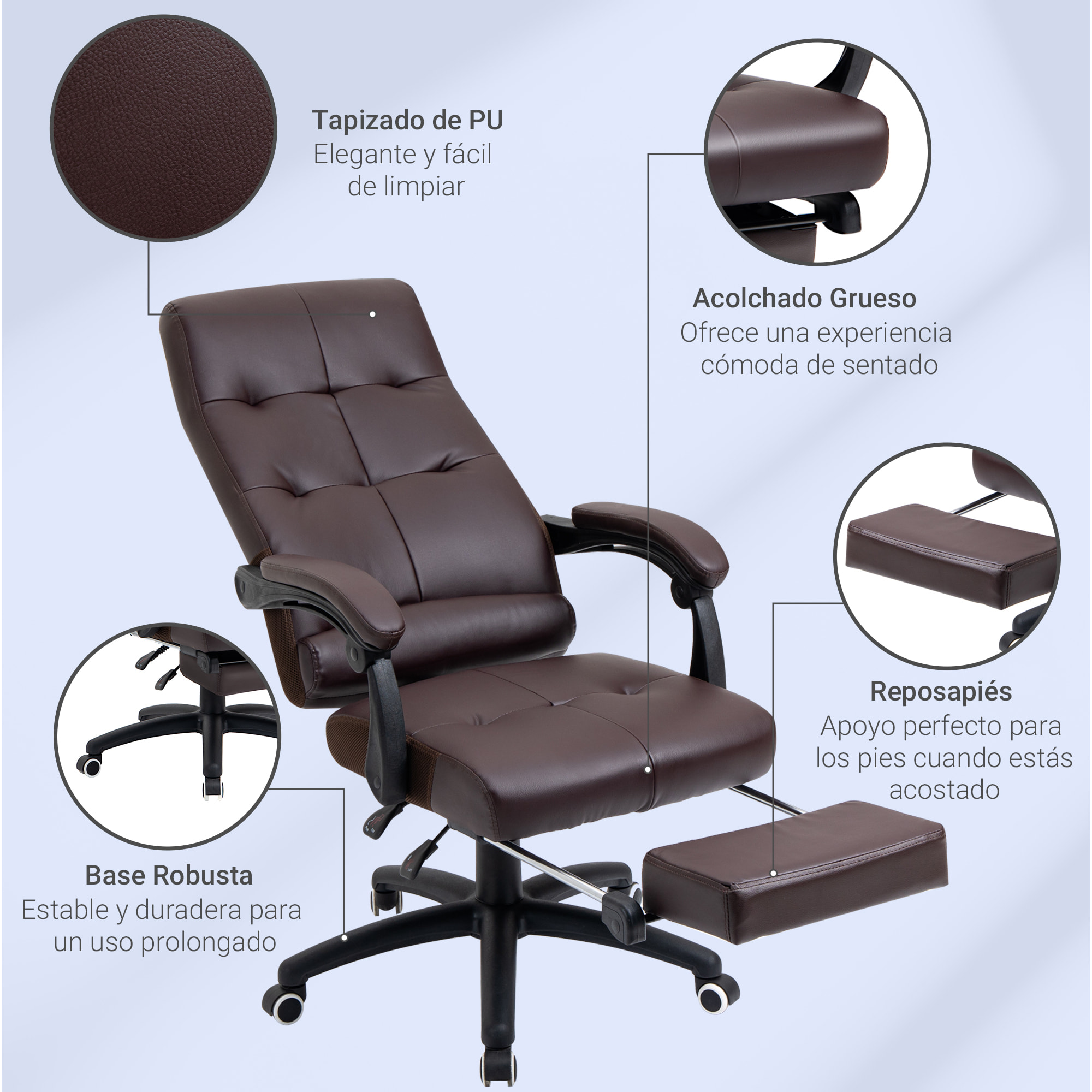 Vinsetto Silla de Oficina Ergonómica Silla de Escritorio Giratoria con Altura Ajustable Función de Inclinación Reposabrazos y Reposapiés Piel Sintética 65x65x118-125 cm Marrón