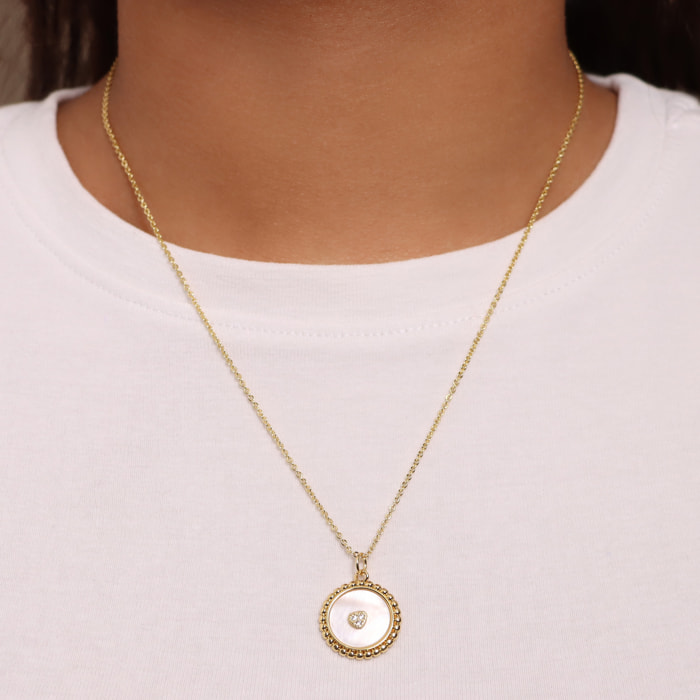 Collana Catena Rolo e Pendente in Madreperla Lavorato con Cuore e Cubic Zirconia