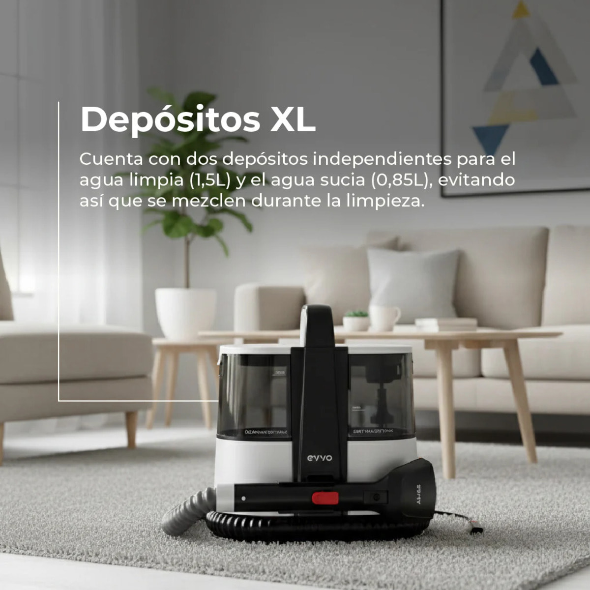 Limpiatapicerías EVVO AM65, 600W, Depósito 1.5L, Accesorios XXL y Ventanas, Doble Depósito