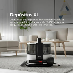 Limpiatapicerías EVVO AM65, 600W, Depósito 1.5L, Accesorios XXL y Ventanas, Doble Depósito