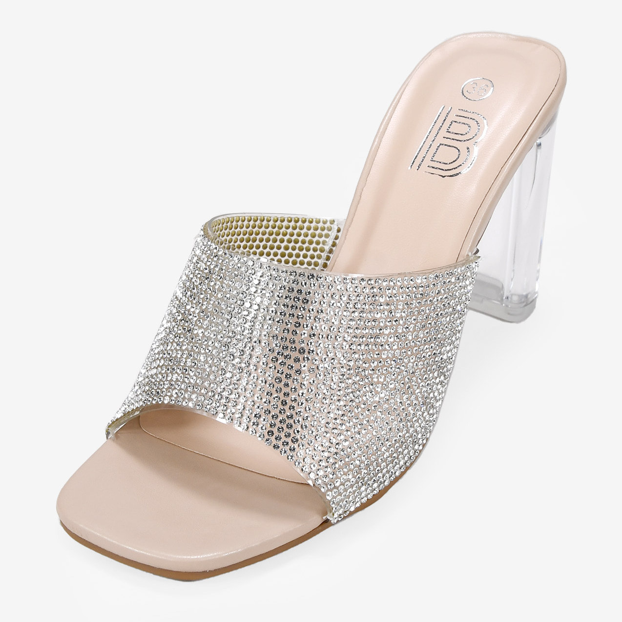 Sandalias de fiesta destalonadas brillantes con tacón transparente