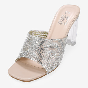 Sandalias de fiesta destalonadas brillantes con tacón transparente