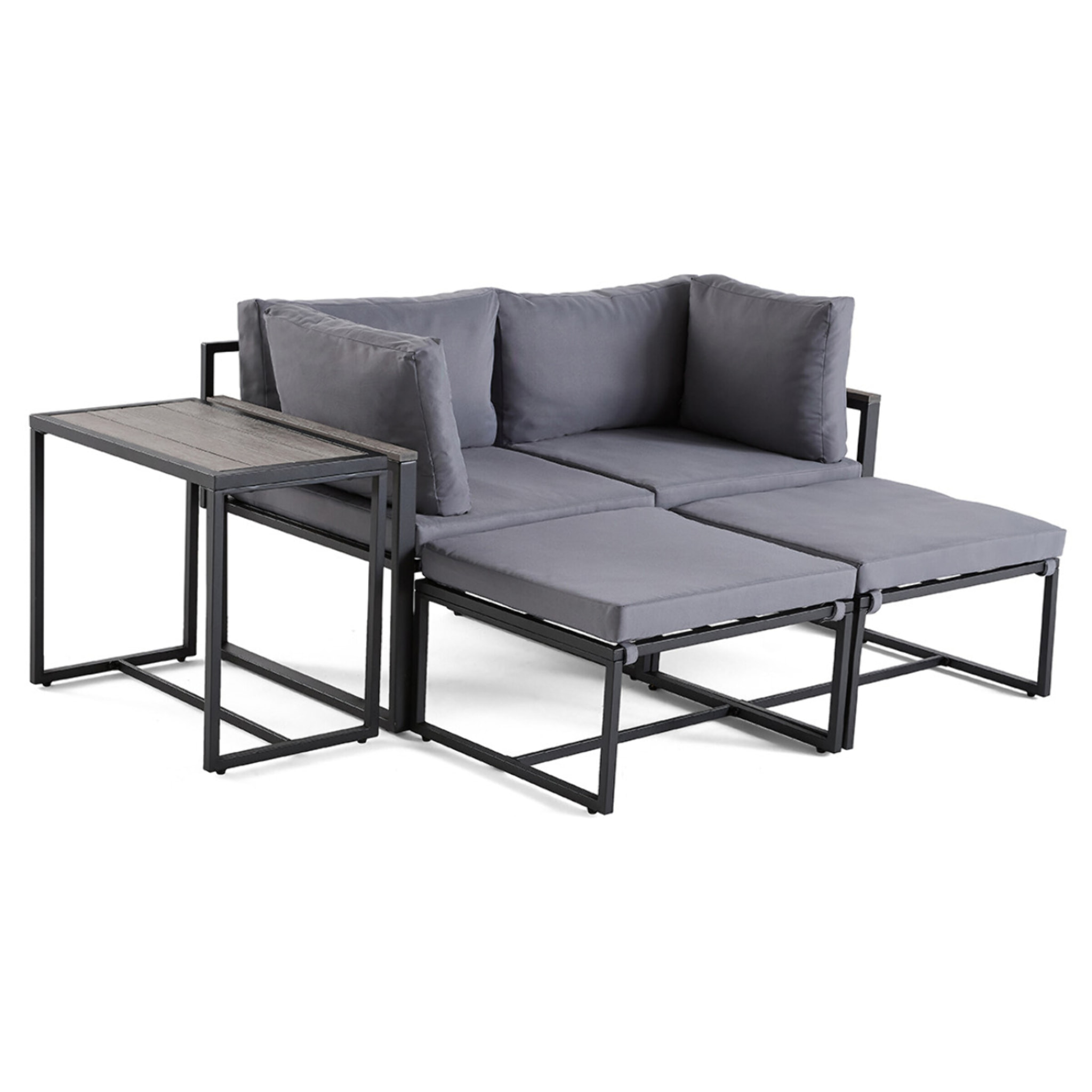 Beyla – salon de jardin modulable en acier noir - 4 places - coussins gris - Noir / Gris