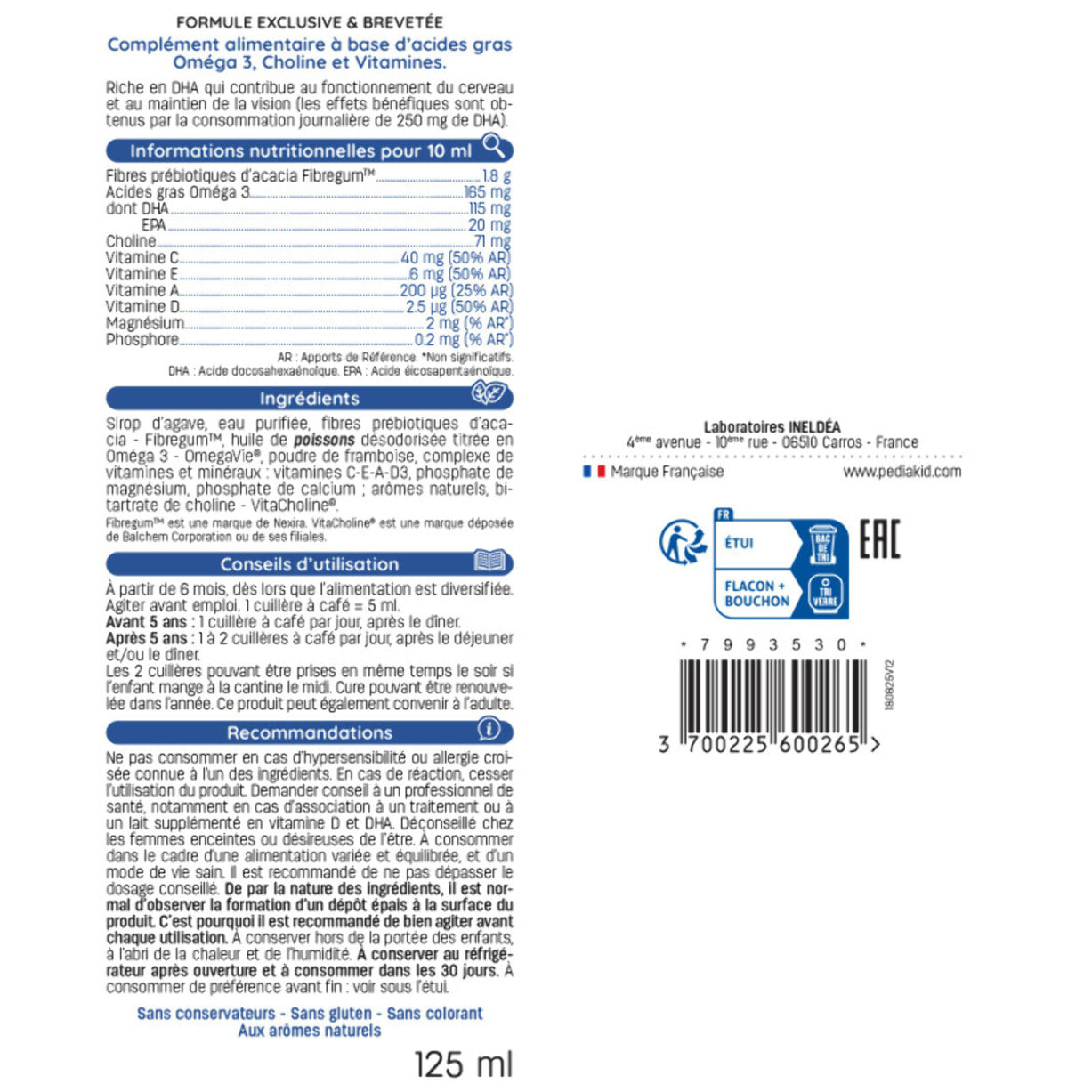 PEDIAKID - Oméga 3 - Complément Alimentaire Naturel - Formule Exclusive au Sirop d'Agave - Riche en DHA - Favorise le Bon Fonctionnement du Cerveau - Goût Citron-Cola - Lot de 3 Flacons 125 ml