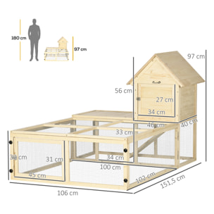 Clapier enclos cage à lapin 2 niveaux dim. 151L x 106l x 97H cm - aire de jeu, rampe, portes verouillables - bois sapin