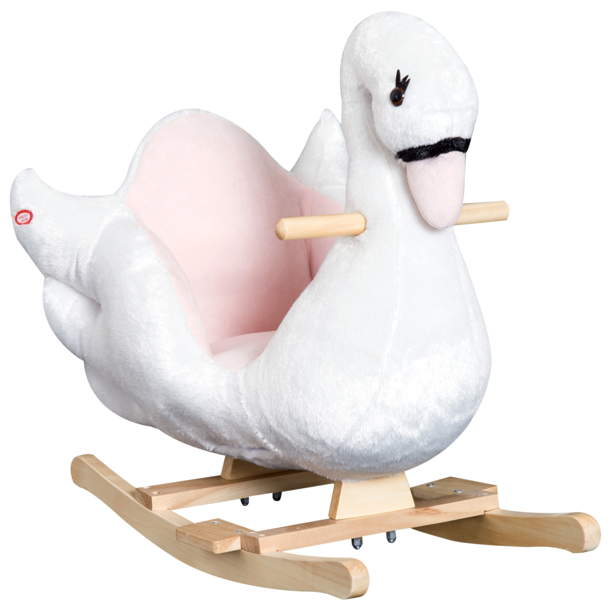 Cheval à bascule modèle cygne fonction musicale assise enveloppante cale-pieds bois peluche douce blanc rose