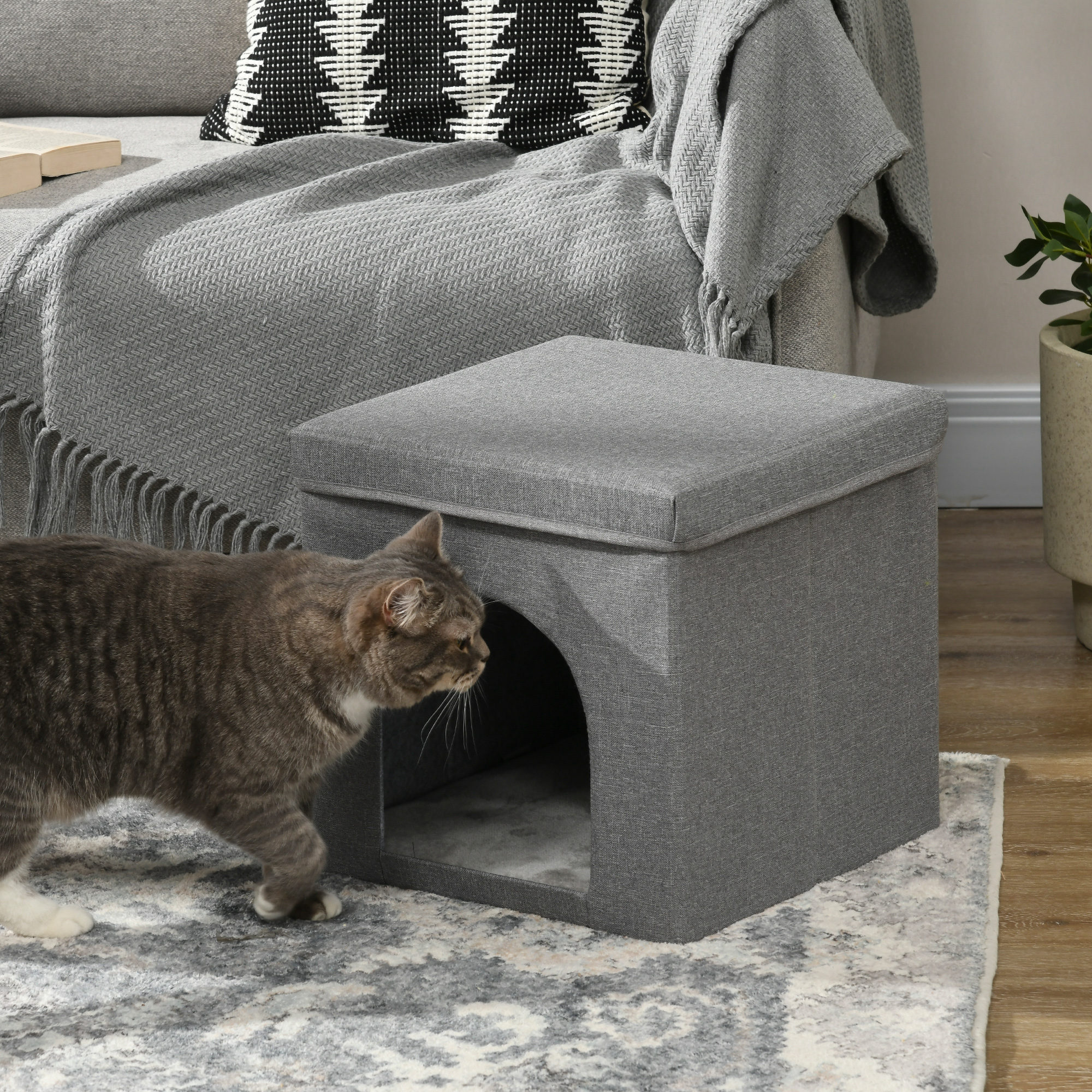Casa para Gatos Cama para Gatos Casita para Gatos con Tablero de Rascar y Puerta para Interior 36,5x36,5x36,5 cm Gris
