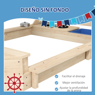 Arenero para Niños de Madera Arenero Infantil con Toldo Volante Juguetes de Cocina y Forma de Barco Pirata para Patio Jardín 180x103x144,5 cm Natural