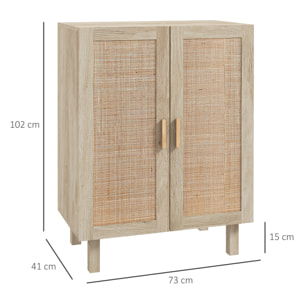 Buffet 2 portes 2 étagères réglables style bohème chic cannage en rotin panneaux aspect bois clair