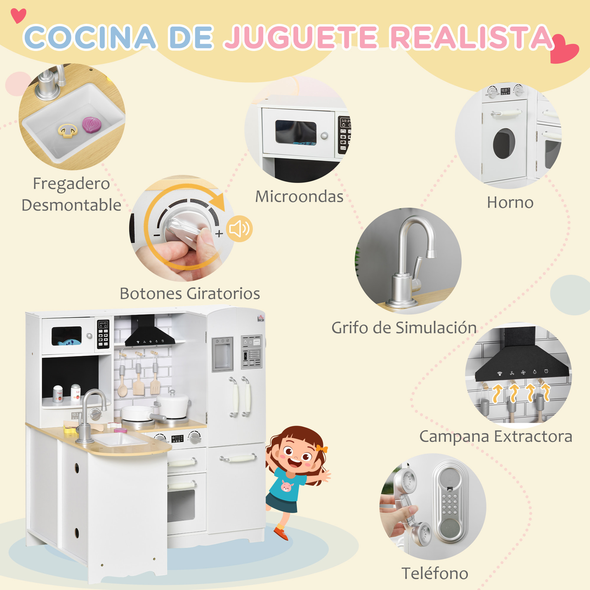 CocinadeJuguetedeMaderaInfantilde+3AñosSonidos14AccesoriosTeléfonoFregaderoExtraíbleMicroondasGrifo82x65x87cmBlanco