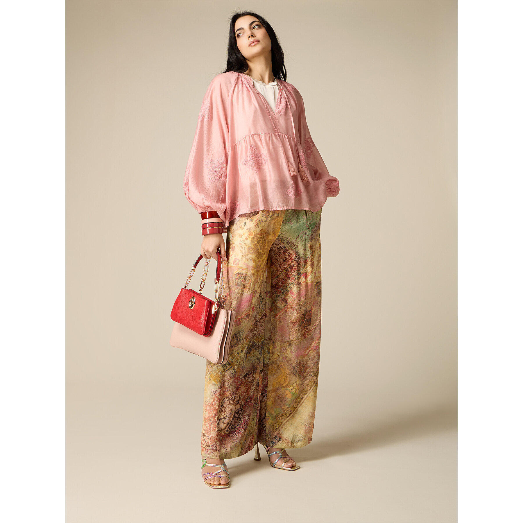 Oltre - Pantaloni palazzo in raso fantasia - Beige