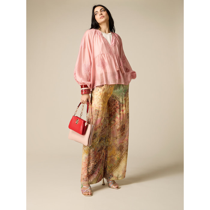 Oltre - Pantaloni palazzo in raso fantasia - Beige