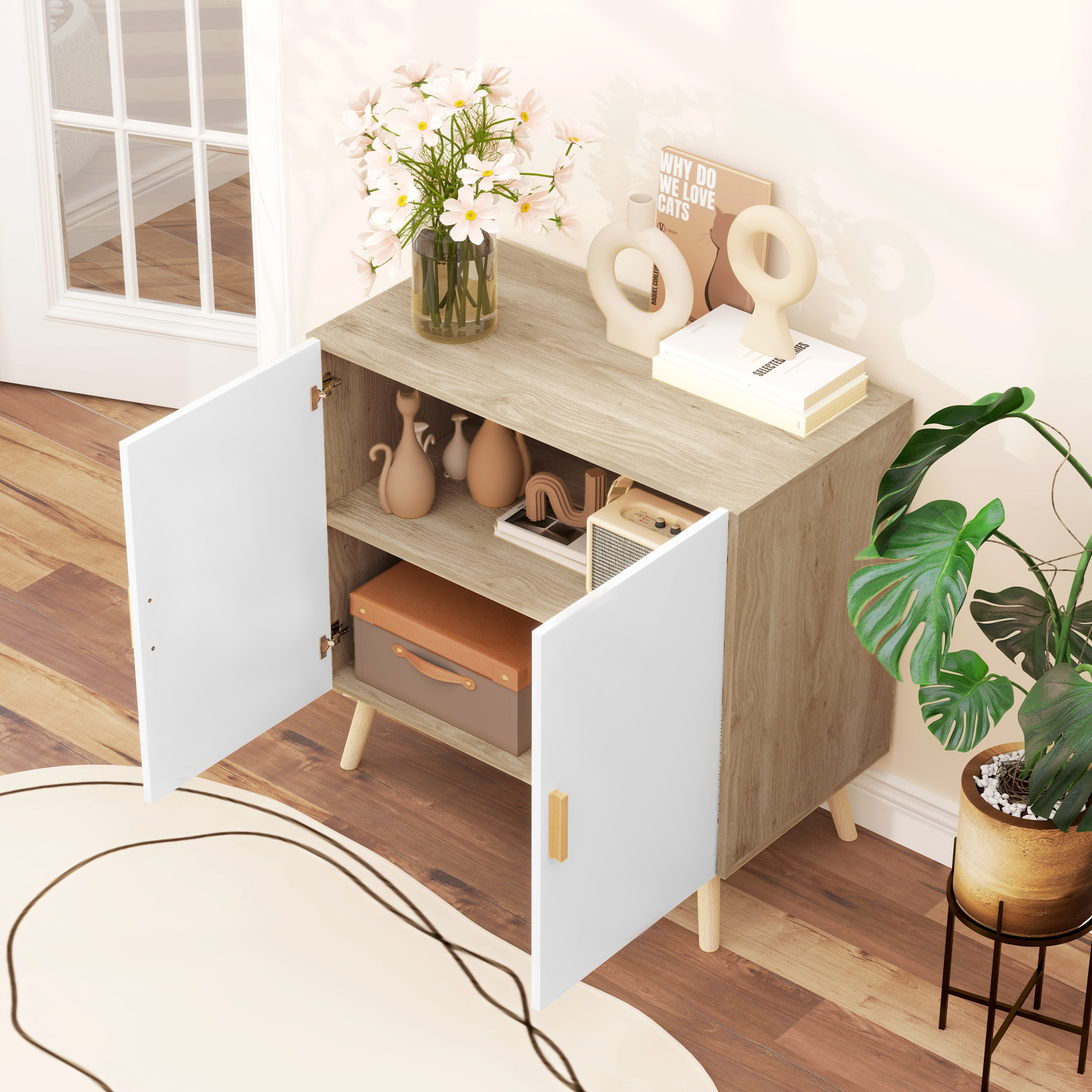 Buffet 2 portes étagère design scandinave - blanc effet chêne clair