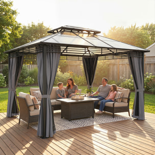 Pergola pavillon de jardin alu métal double toit polycarbonate 3 x 3,5 m rideaux moustiquaires inclus