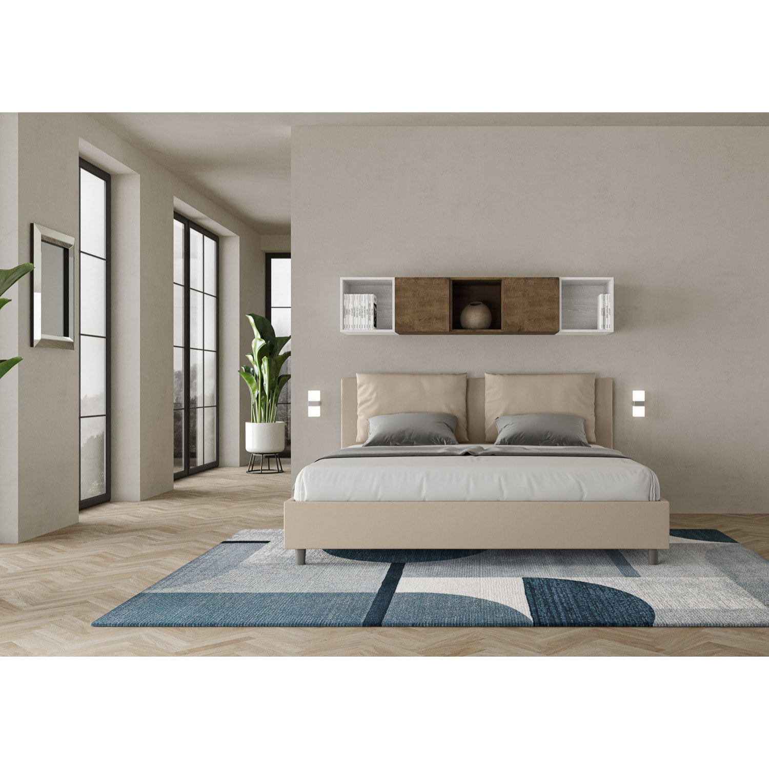 Cama matrimonial sin somier acolchada 200x200 cuero sintético gris paloma Antea