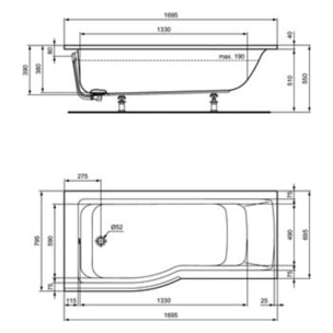 Ideal Standard baignoire pour bain/douche 170 x 80 asymétrique Connect Air gauche blanc