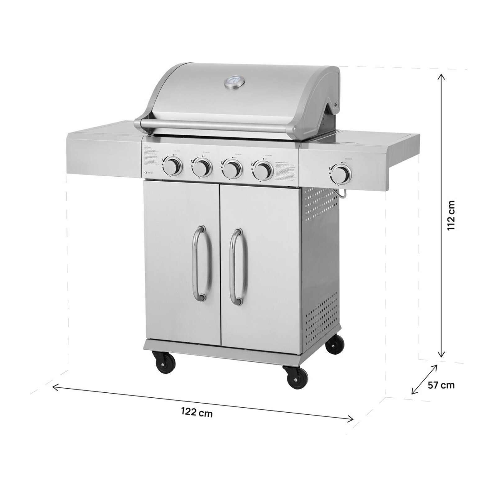Barbecue gaz en inox avec 5 brûleurs dont 1 latéral "Brazzo" - 118 x 57 x 104 cm - Gris clair