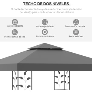 de Jardín 3x3 m Pabellón de Jardín Gazebo con Doble Techo Estructura de Acero 8 Orificios de Drenaje Resistente al Agua Carpa para Exterior Terraza Patio Gris