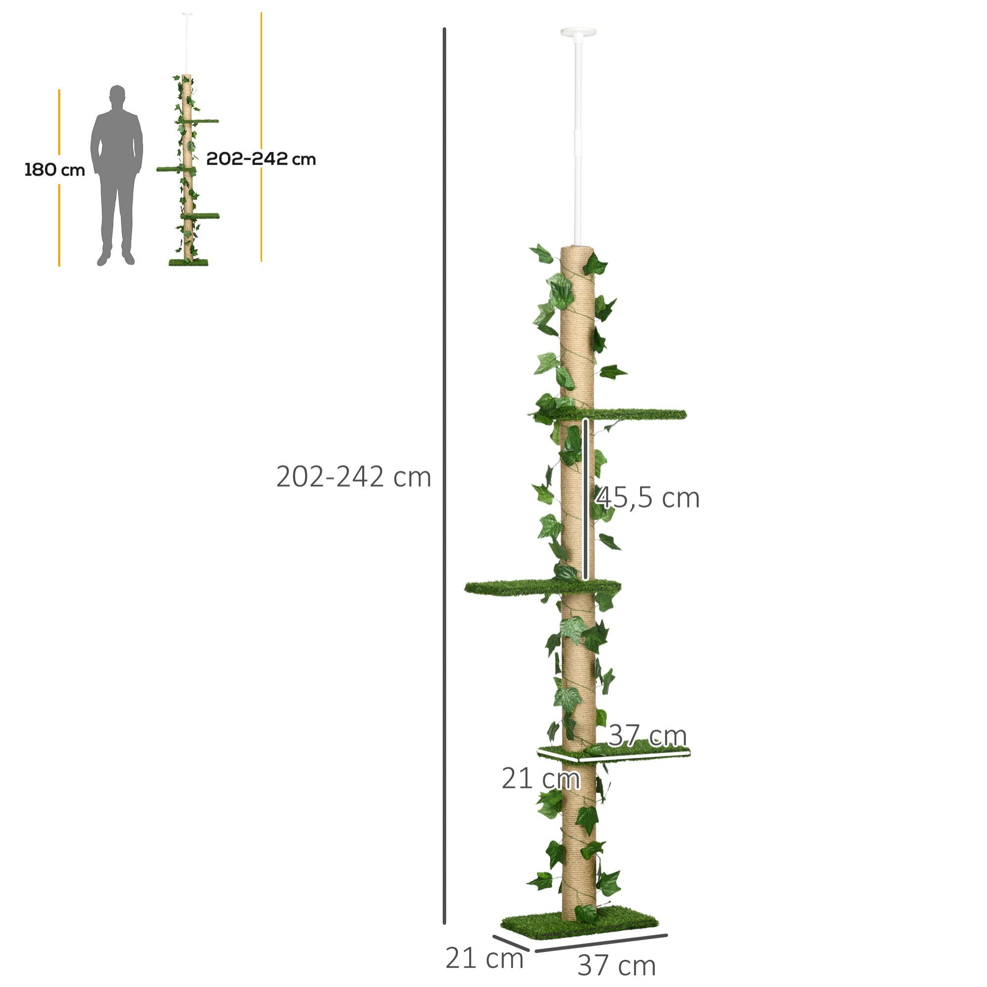 Árbol para Gatos del Suelo al Techo 37x21x202-242 cm Torre para Gatos con Altura Ajustable 4 Plataformas de Césped Artificial Hojas Artificiales y Poste de Yute Verde